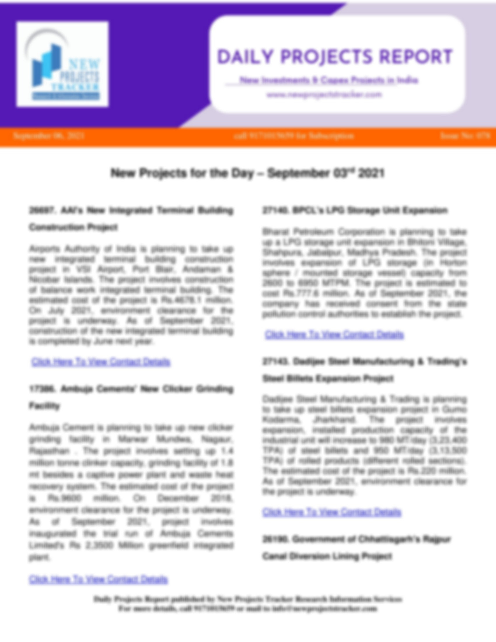 Daily Projects Report September 3, 2021